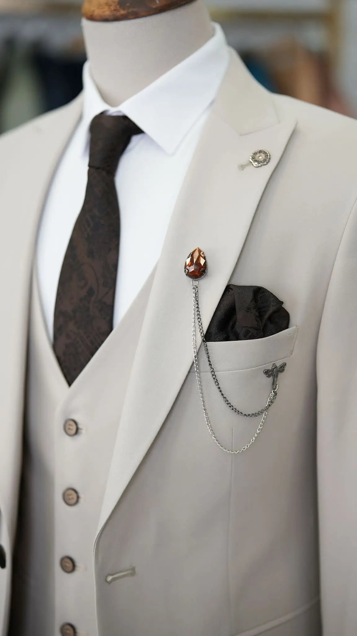 Paul Beige Slim Fit 3 Piece Peak Lapel Suit brabion