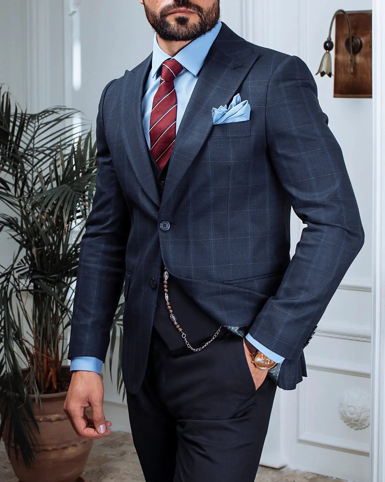 Navy Plaid Slim-Fit Suit 3-Piece VIOSSI