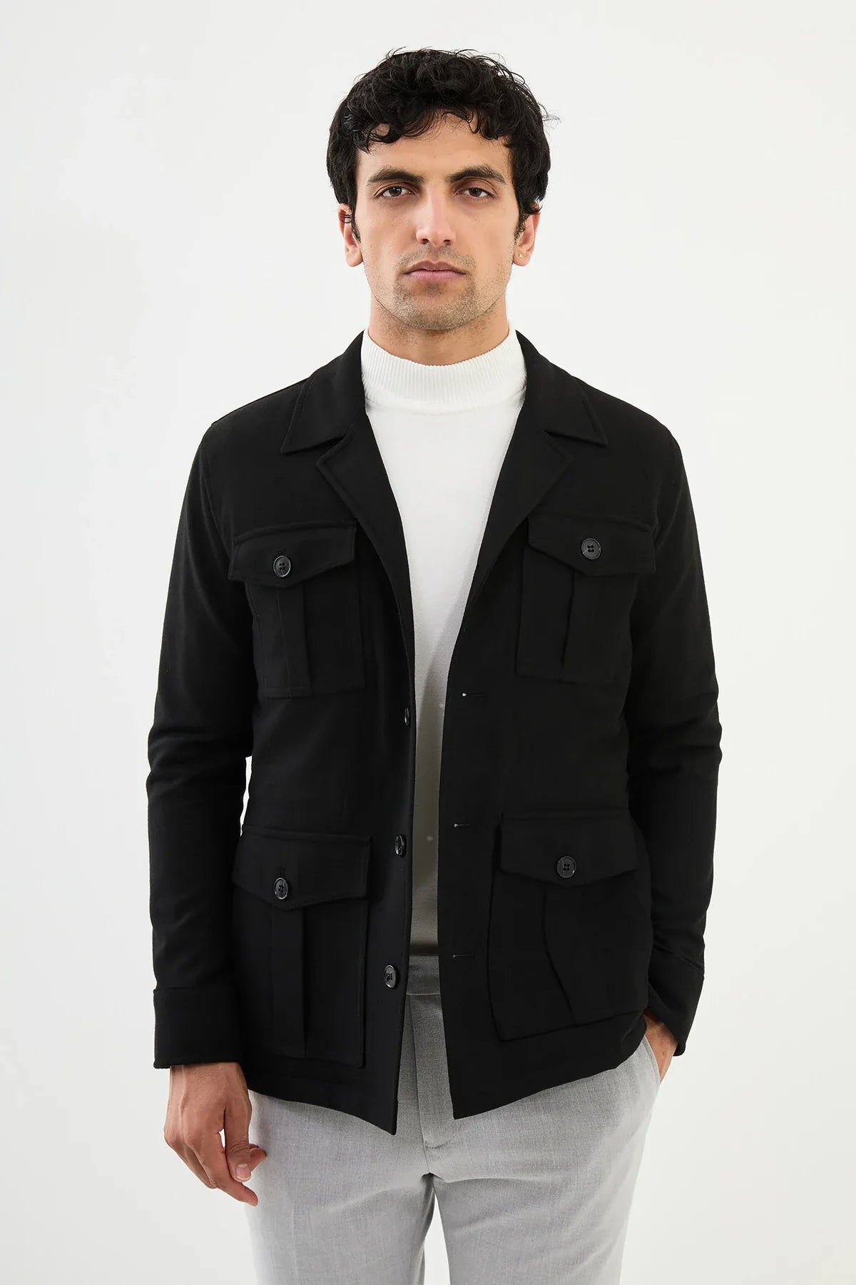 Bojoni Capena Safari Plain Black Slim Fit Coat