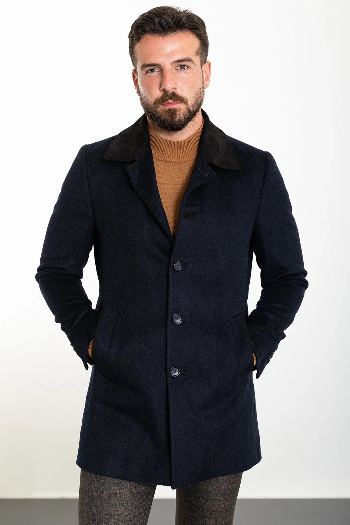 Bojoni Capena Patterned Slim Fit Collar Detailed Stamped Navy Blue Coat