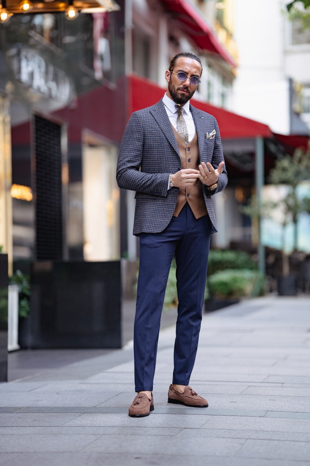 Paris Navy Blue Slim Fit Peak Lapel 3 Piece Combined Suit