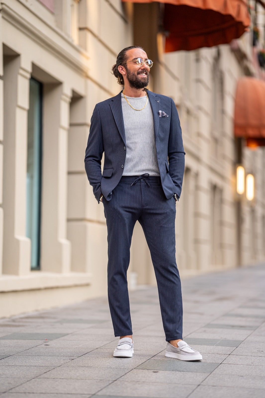 Ardean Navy Blue Slim Fit Notch Lapel Pinstripe Suit