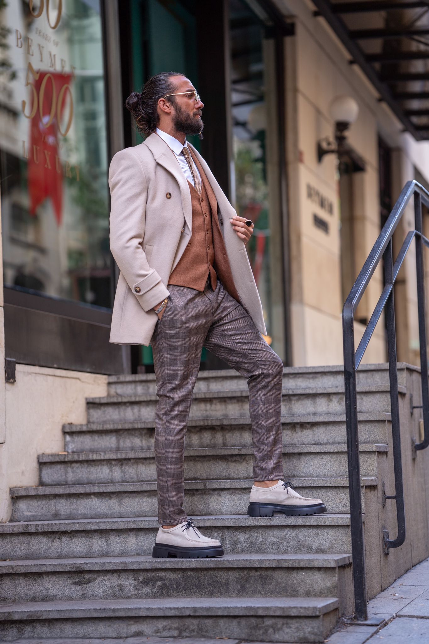 Brabion Beige Slim Fit Long Coat