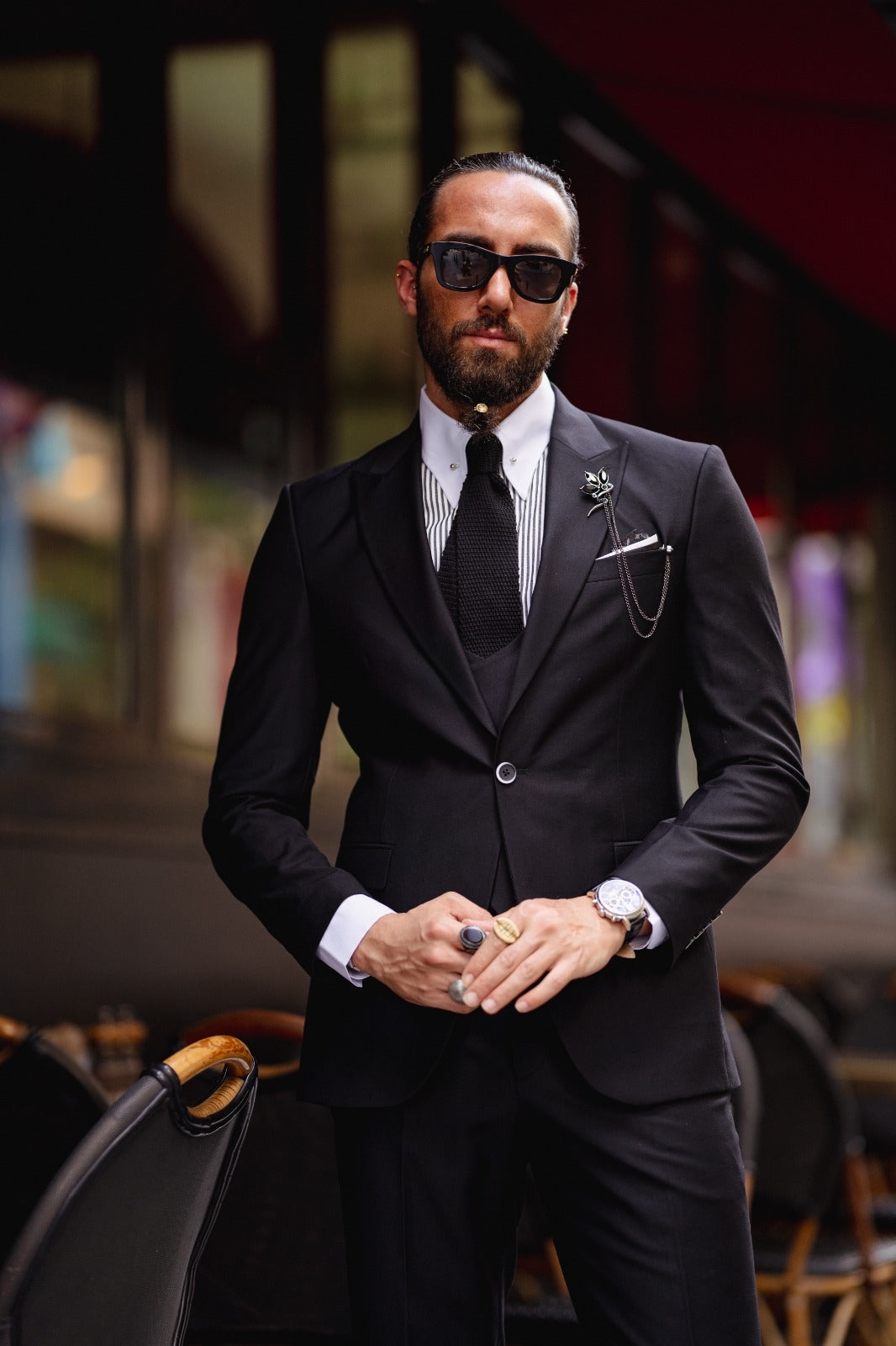 Ardean Black Slim Fit Peak Lapel 3 Piece Wool Suit