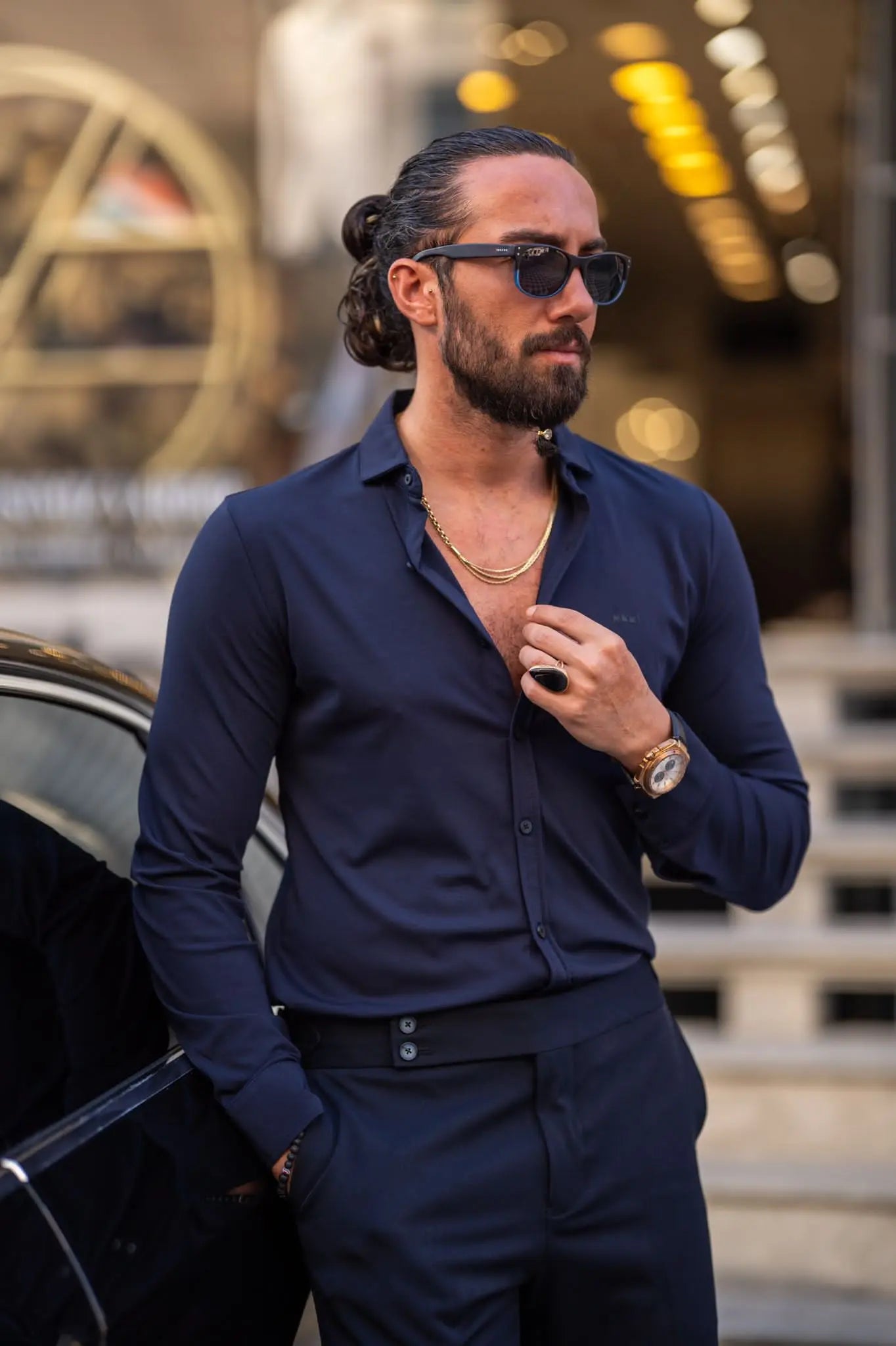 Brabion Ardean Navy Blue Slim Fit Textured Cotton Shirt - BRABION