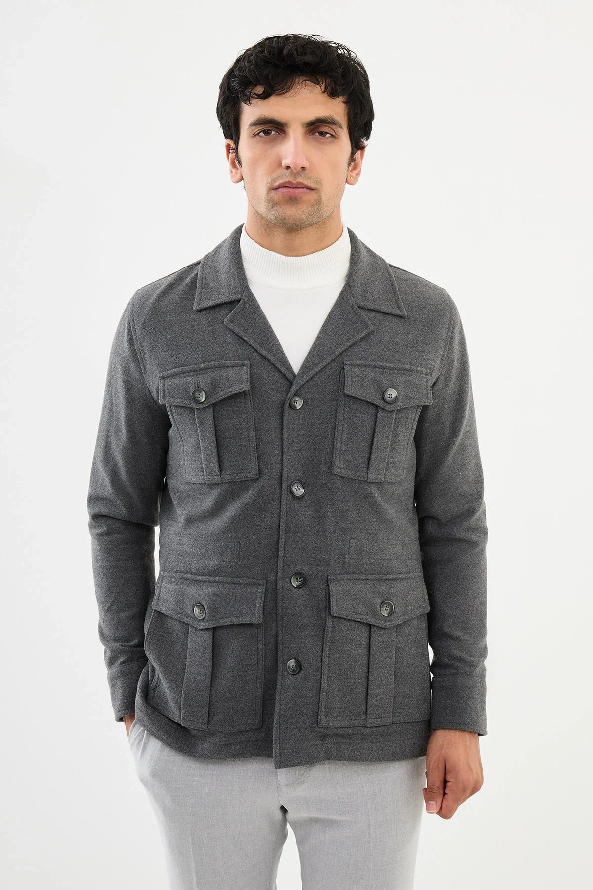 Bojoni Capena Safari Plain Gray Slim Fit Coat