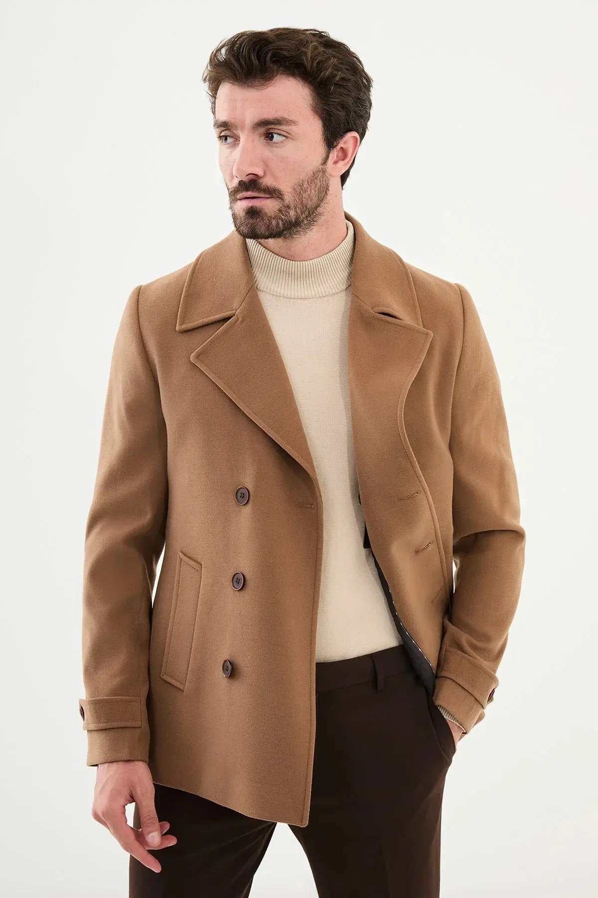 Bojoni Capena Plain Slim Fit Wool Beige Coat