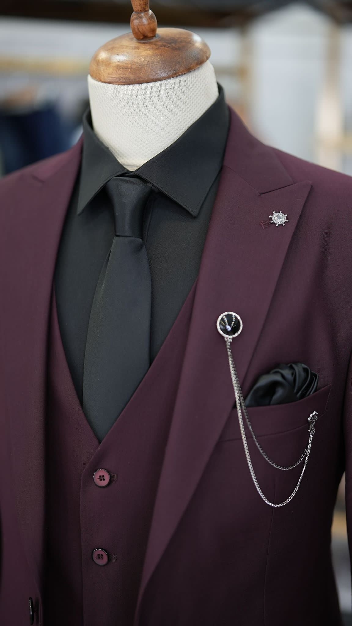 Paul Burgundy Slim Fit 3 Piece Peak Lapel Suit