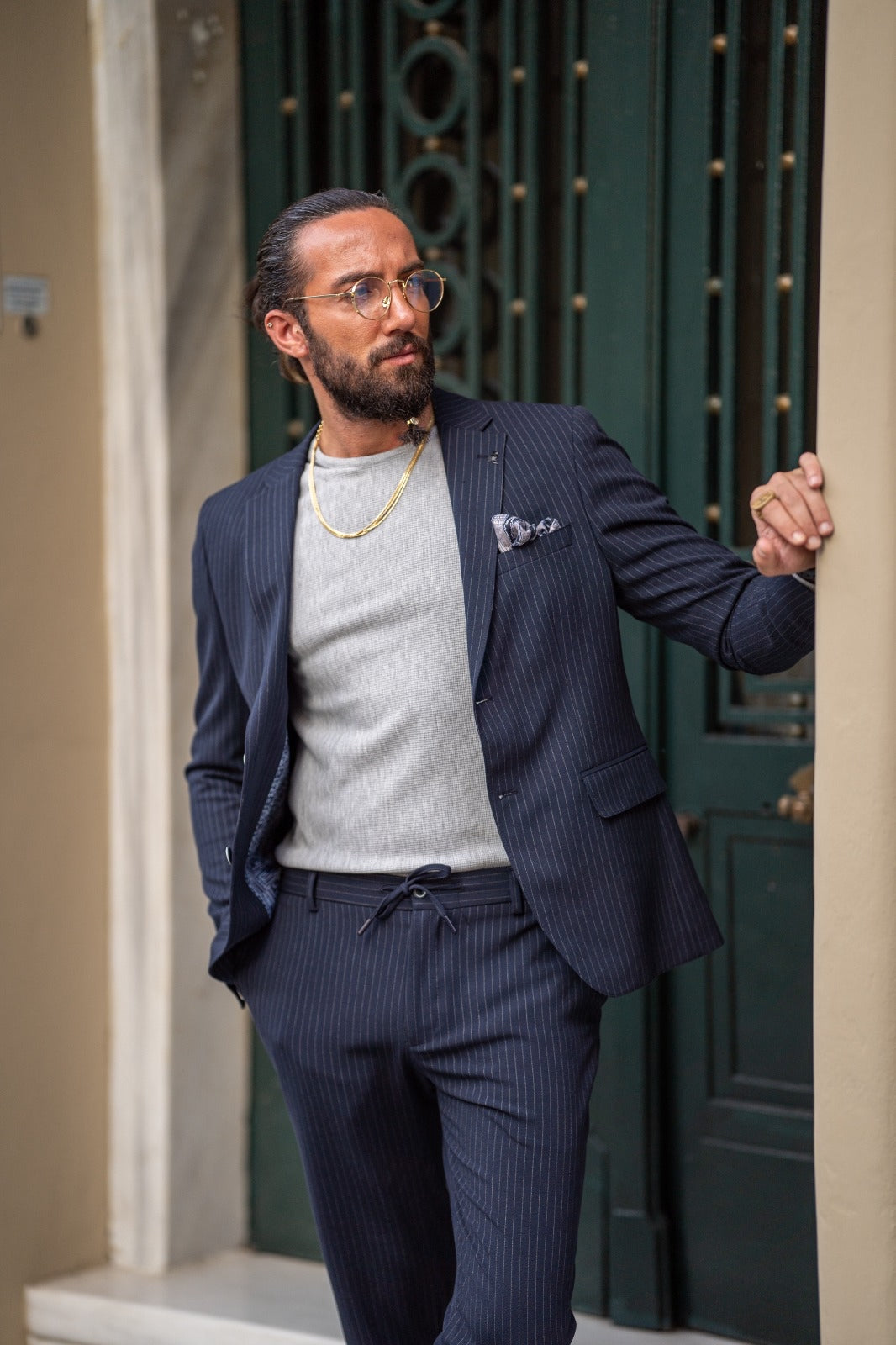 Ardean Navy Blue Slim Fit Notch Lapel Pinstripe Suit