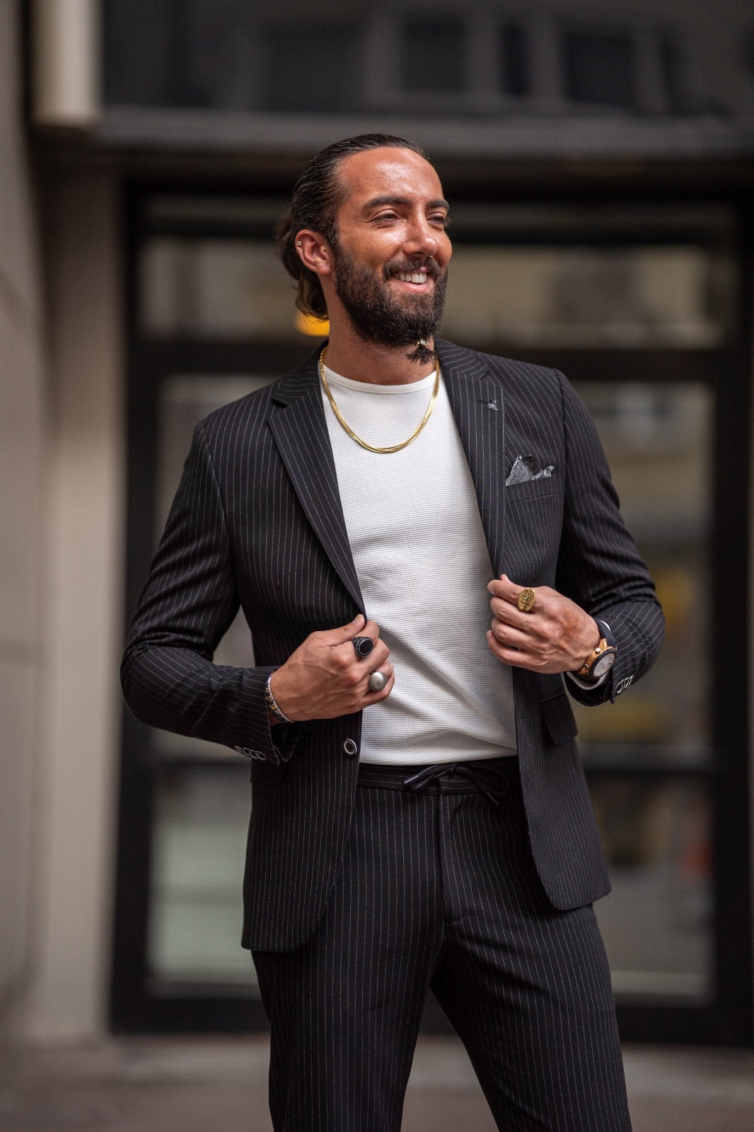 Ardean Black Slim Fit Notch Lapel Pinstripe Suit