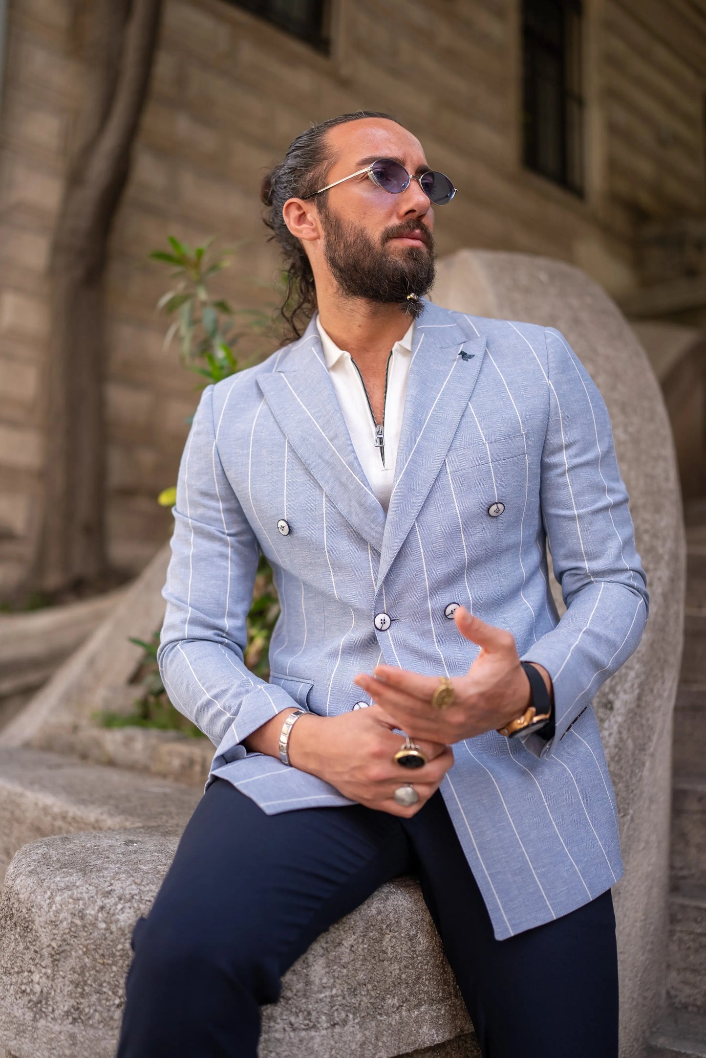 Brabion Noah Sky Blue Slim Fit Double Breasted Striped Blazer - BRABION