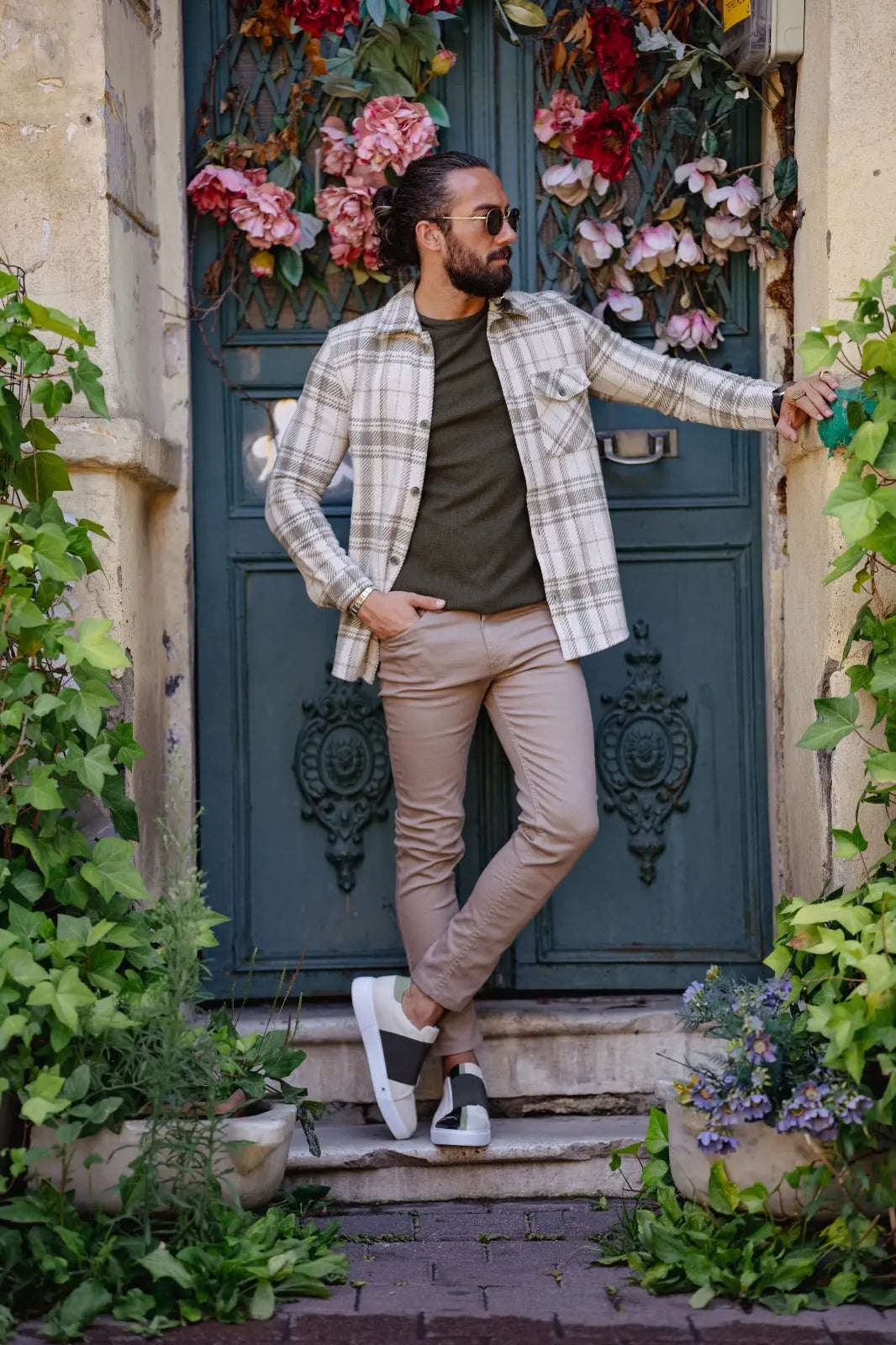 Brabion Paris Beige Green Slim Fit Plaid Shirt - BRABION