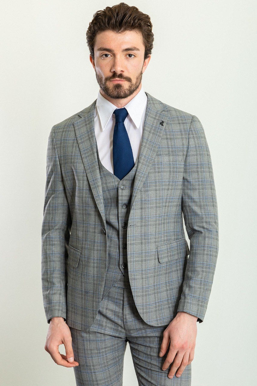 Brabion Elio Gray Blue Slim Fit Notch Lapel 3 Piece Plaid Suit