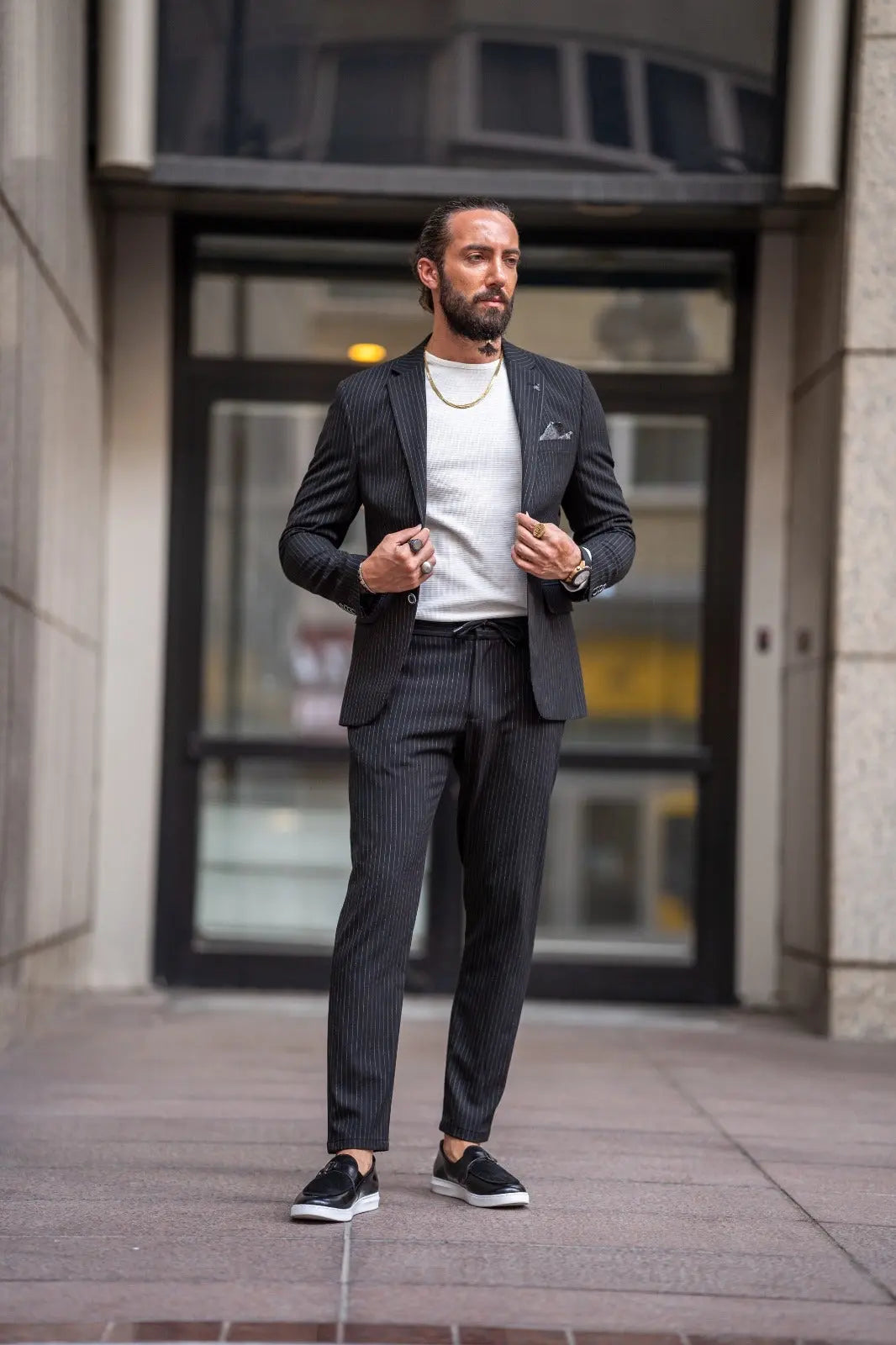 Ardean Black Slim Fit Notch Lapel Pinstripe Suit brabion