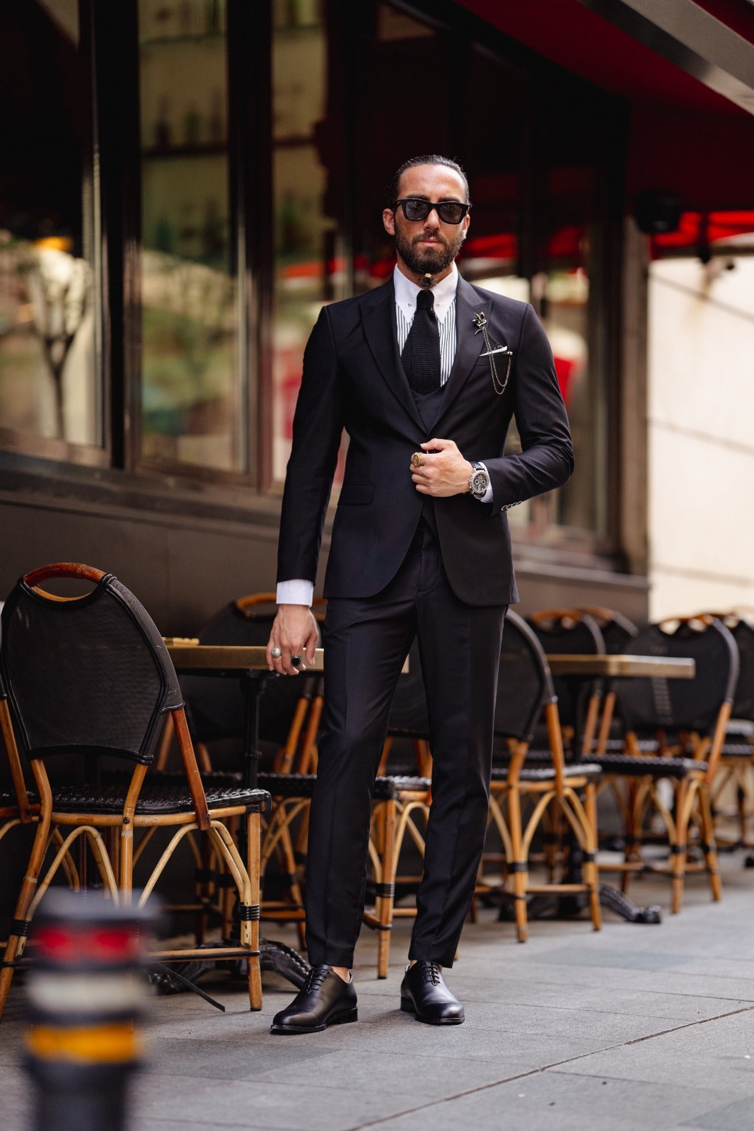 Ardean Black Slim Fit Peak Lapel 3 Piece Wool Suit