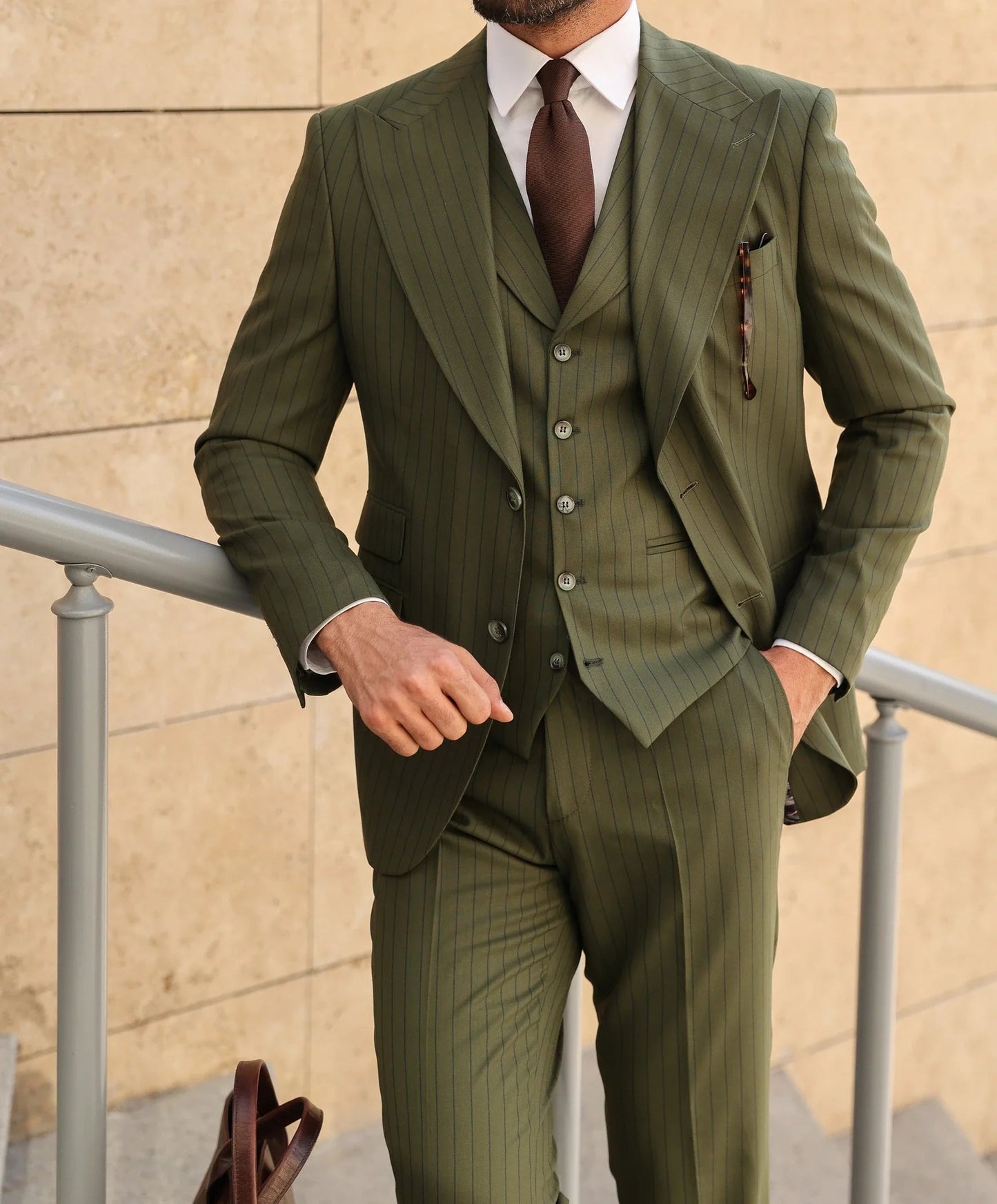 Khaki Striped Slim-Fit Suit 3-Piece VIOSSI