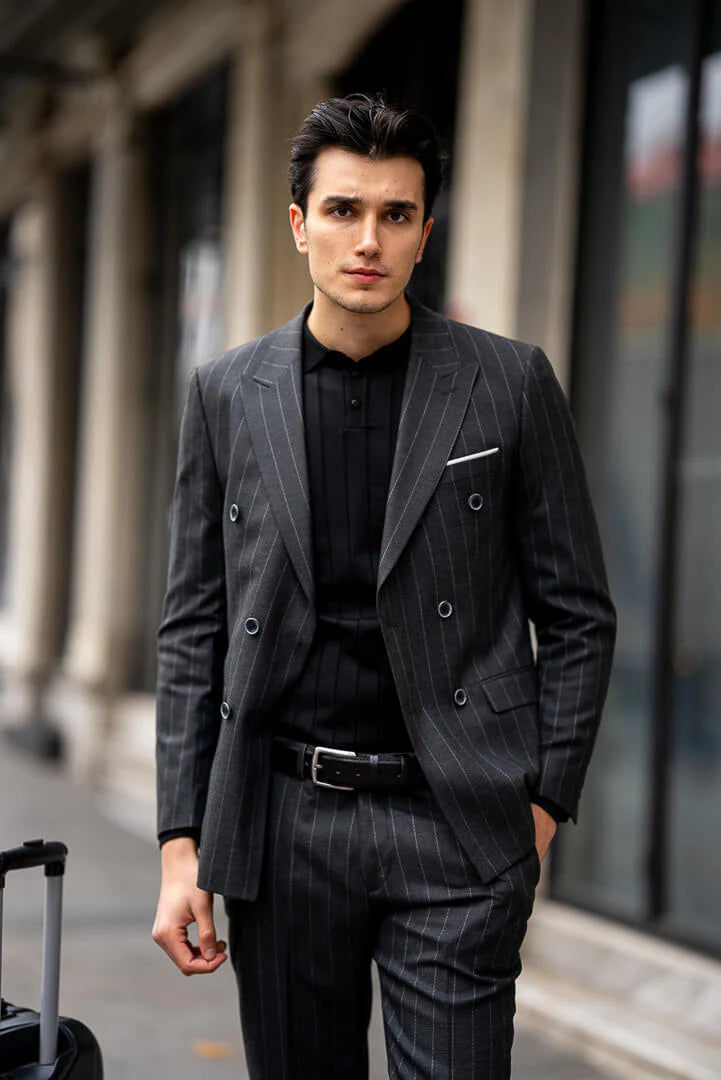 Brabion Black Double-Breasted Suit with Pinstripes brabion