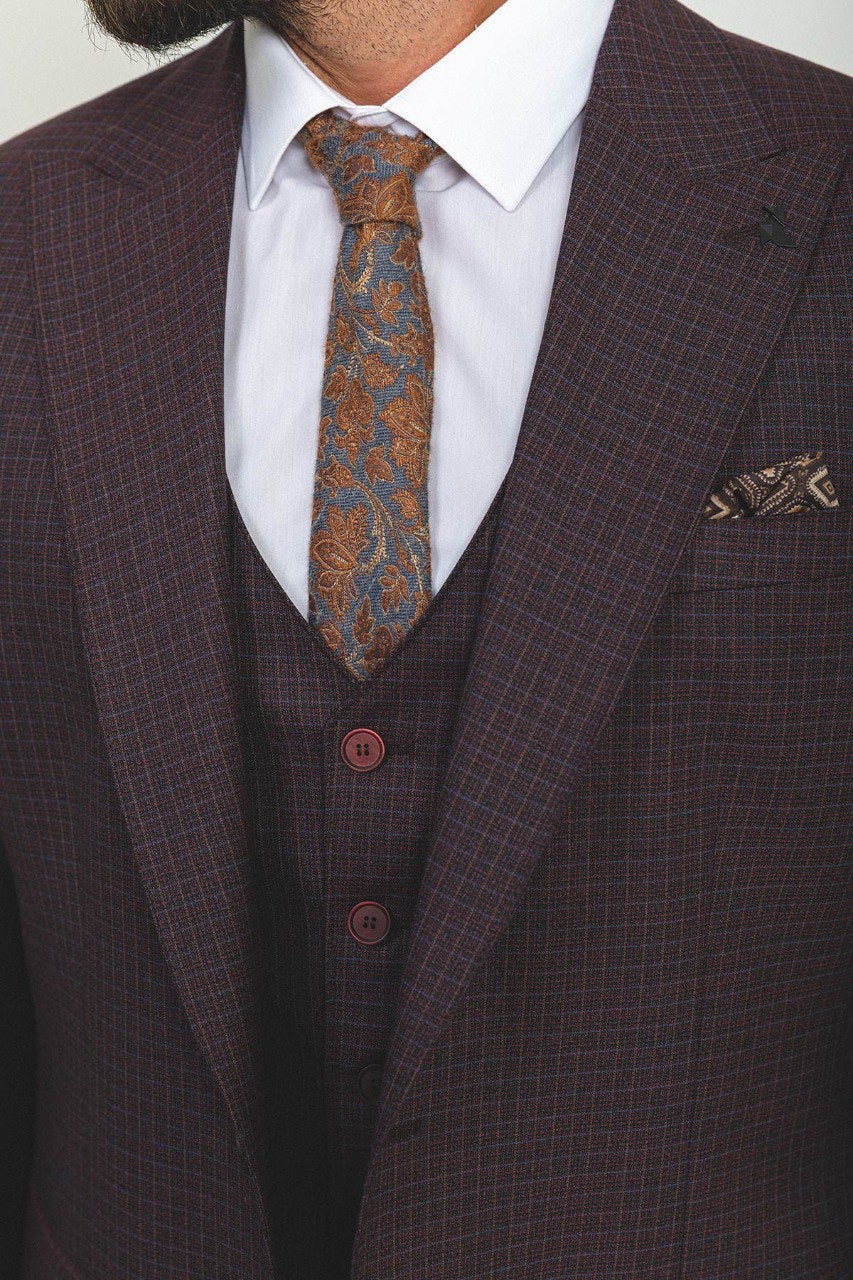 Brabion Rocco Burgundy Slim Fit Peak Lapel 3 Piece Check Suit