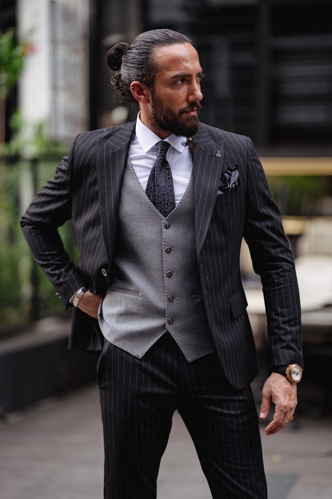 Paris Black Slim Fit Pinstripe Combination Suit