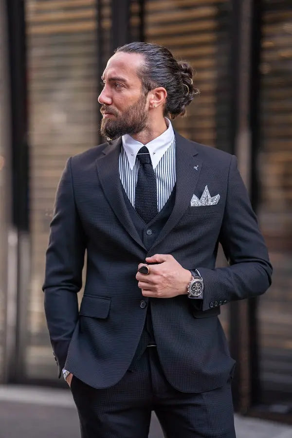 Brabion Lance Midnight Black Slim Fit Notch Lapel 3 Piece Suit brabion