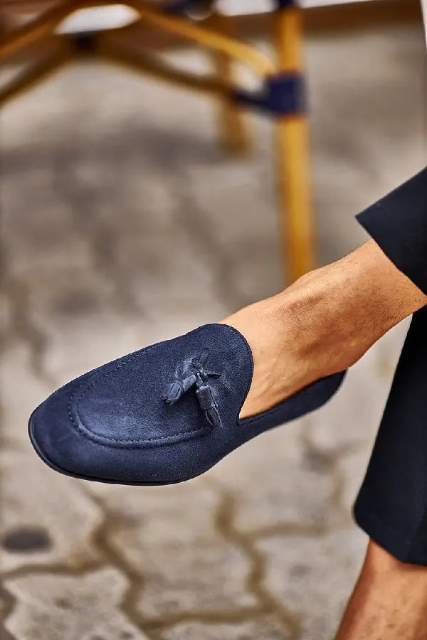 Brabion Levanzo Navy Blue Suede Tassel Loafers - BRABION