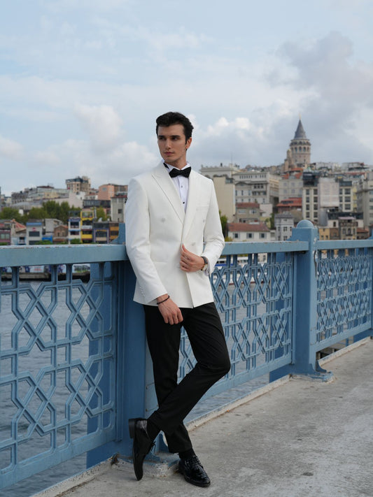 Italian Style White Double Breasted Tuxedo - Premium Slim Fit