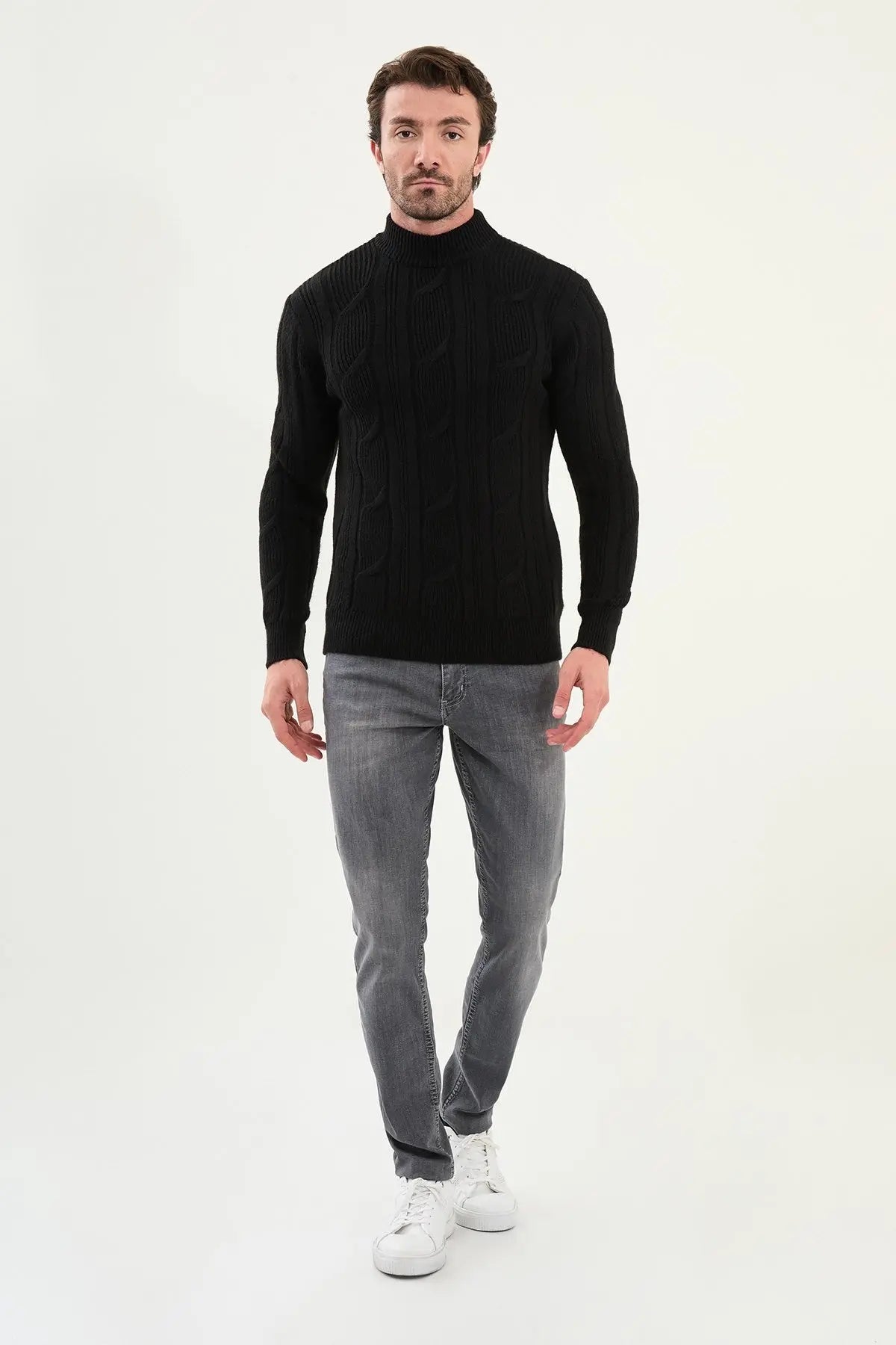 Black Cable-Knit High Neck Sweater - BRABION