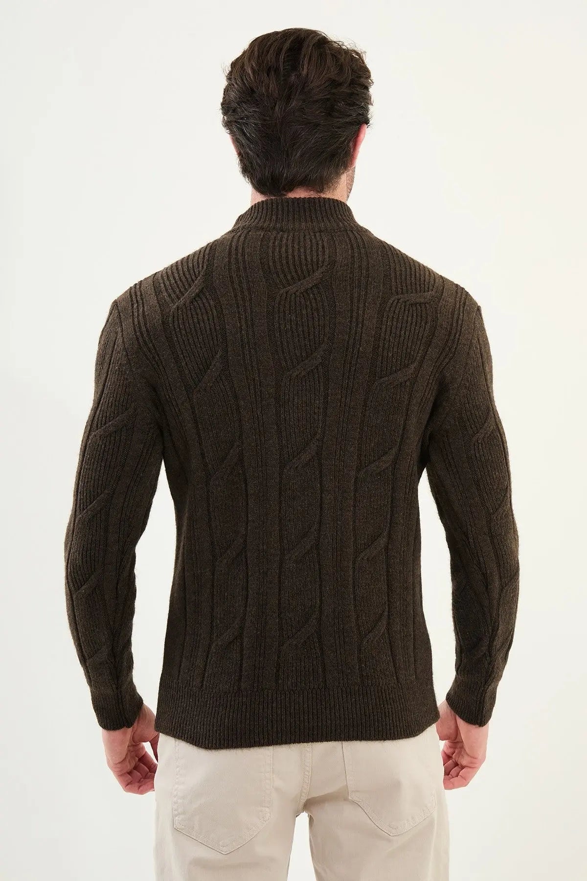 Dark Brown Cable-Knit High Neck Sweater - BRABION