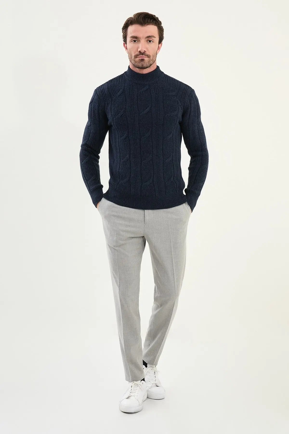Navy Blue Cable-Knit High Neck Sweater - BRABION