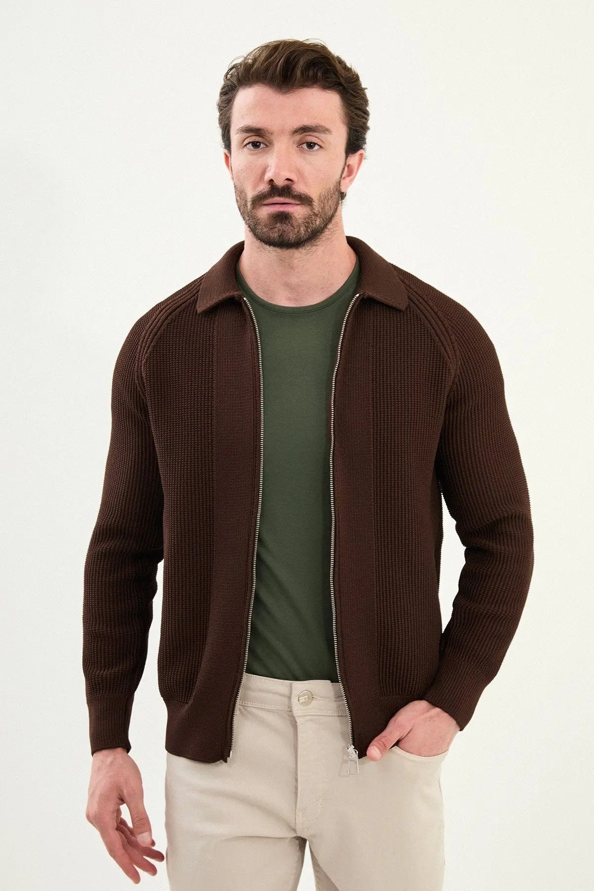 Men’s Brown Ribbed Zip Cardigan - BRABION