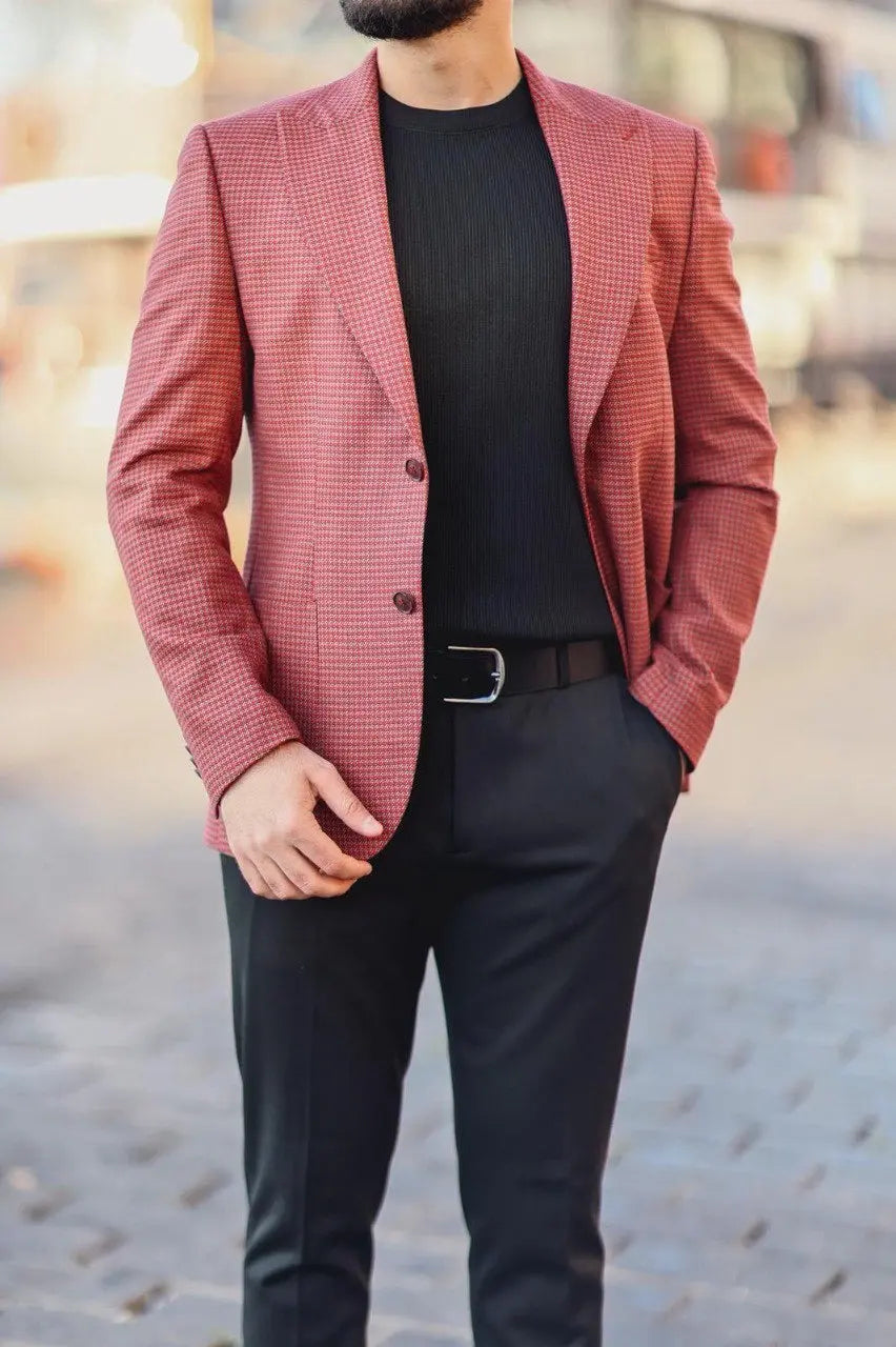 Men’s Burgundy Patterned Slim-Fit Jacket - BRABION