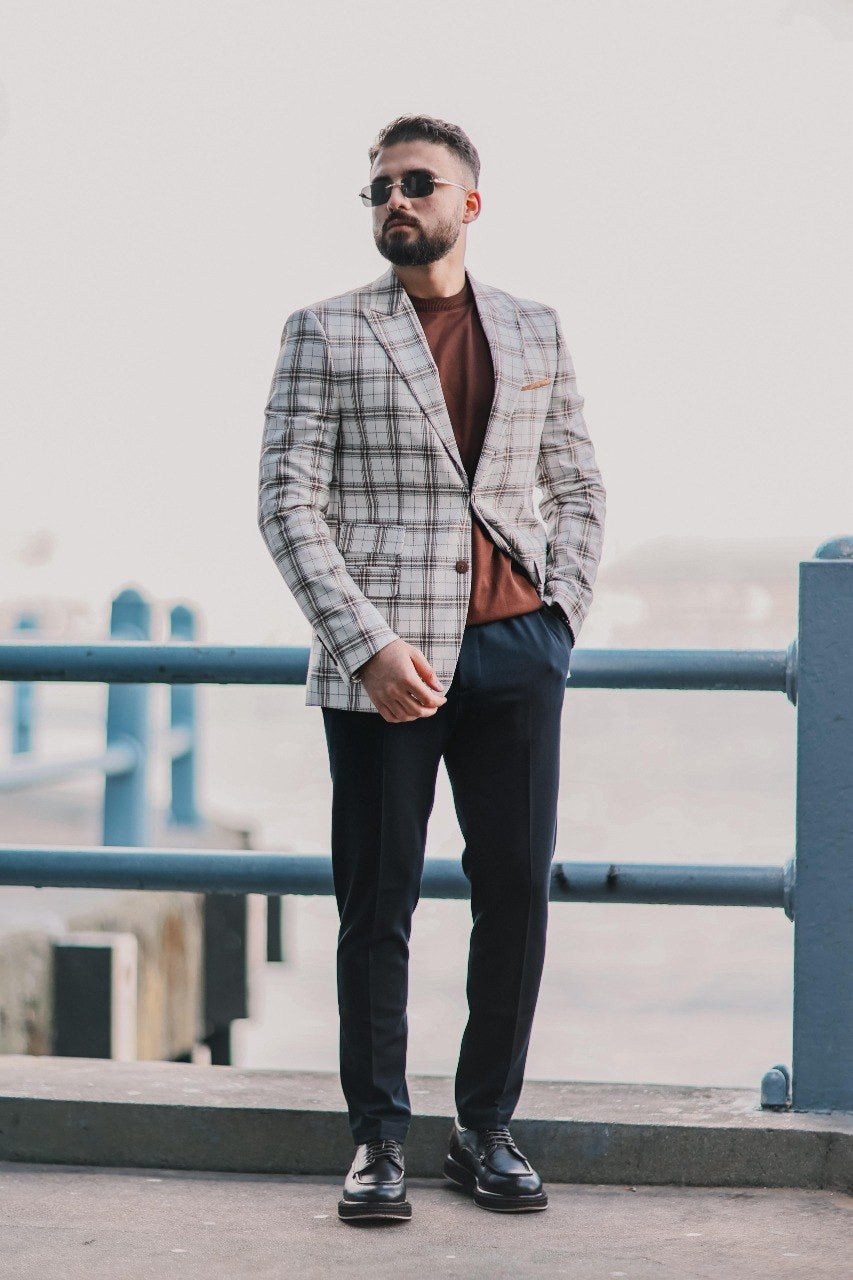 Men’s White Plaid Slim-Fit Jacket - BRABION