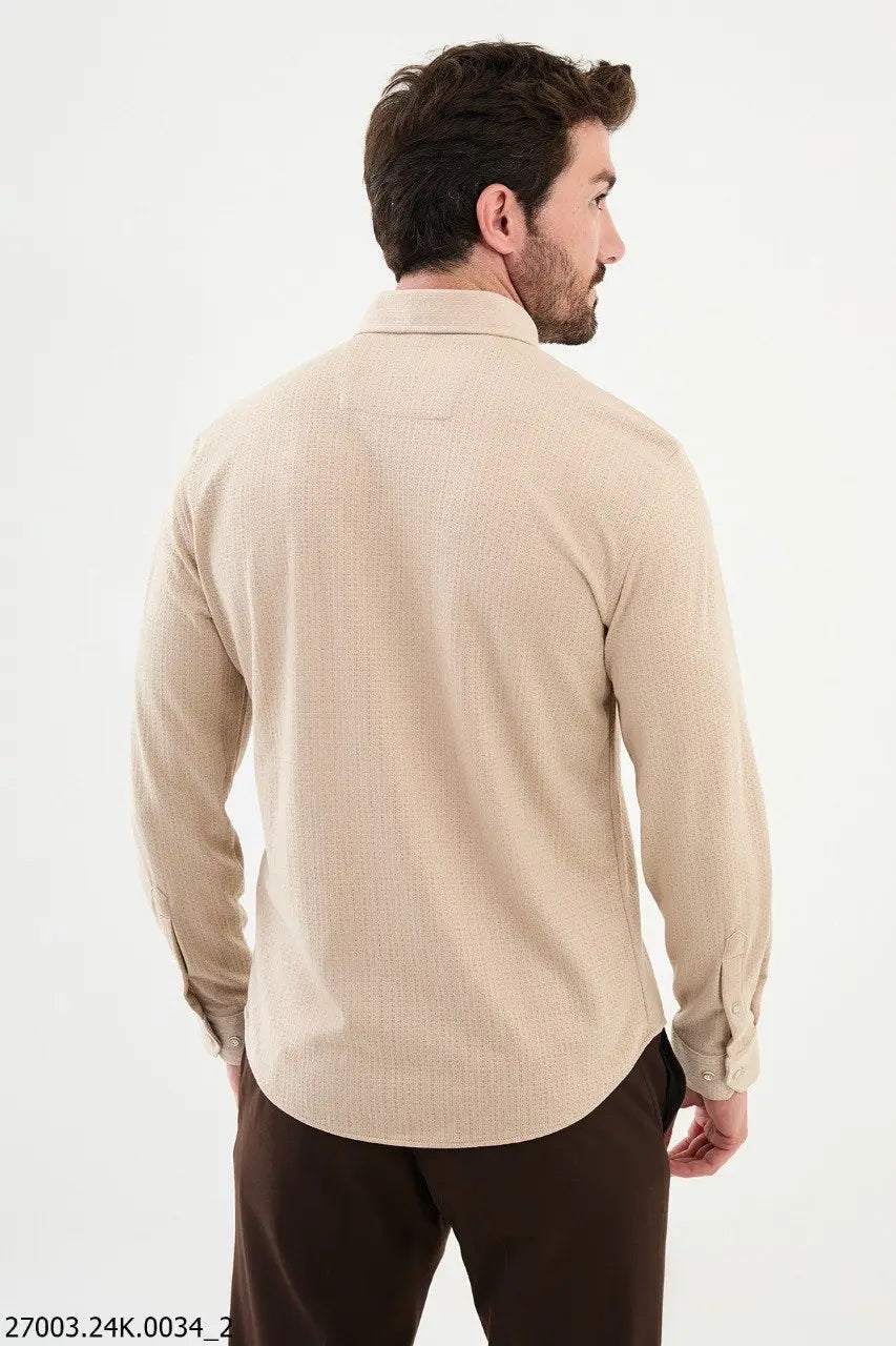 Brabion Nico Beige Slim Fit Cross Pattern Casual Shirt - BRABION
