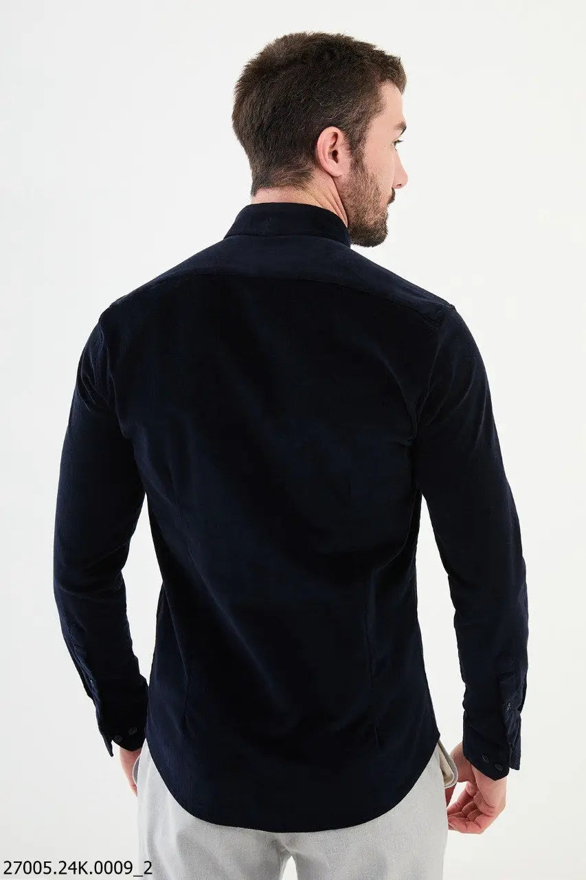 Brabion Nico Navy Blue Slim Fit Double Pocket Corduroy Shirt - BRABION
