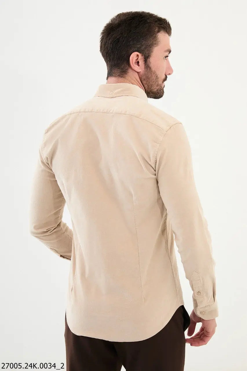 Brabion Nico Beige Slim Fit Double Pocket Corduroy Shirt - BRABION