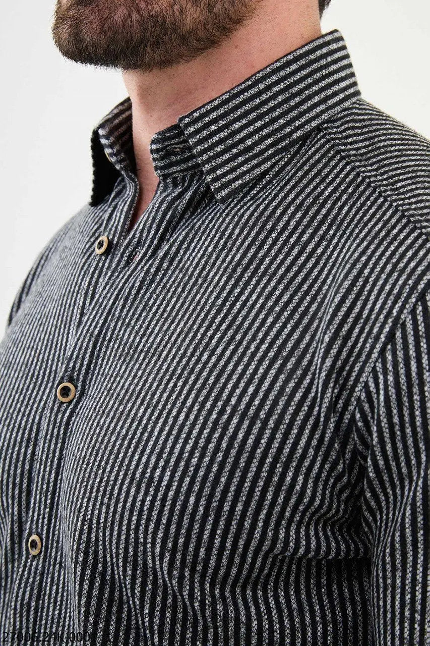 Brabion Nico Black Slim Fit Striped Wool Shirt - BRABION