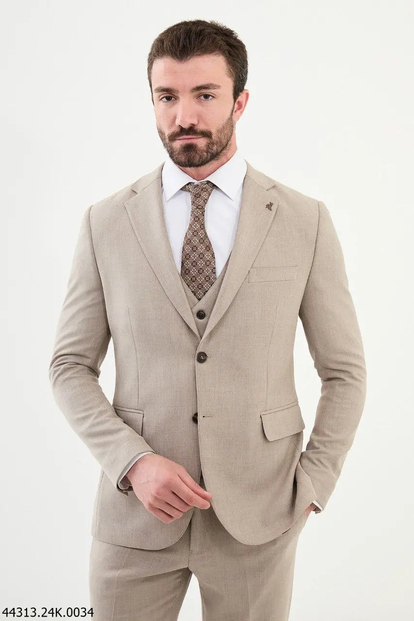 Brabion Diego Beige Notch Lapel 3 Piece Wool Suit brabion