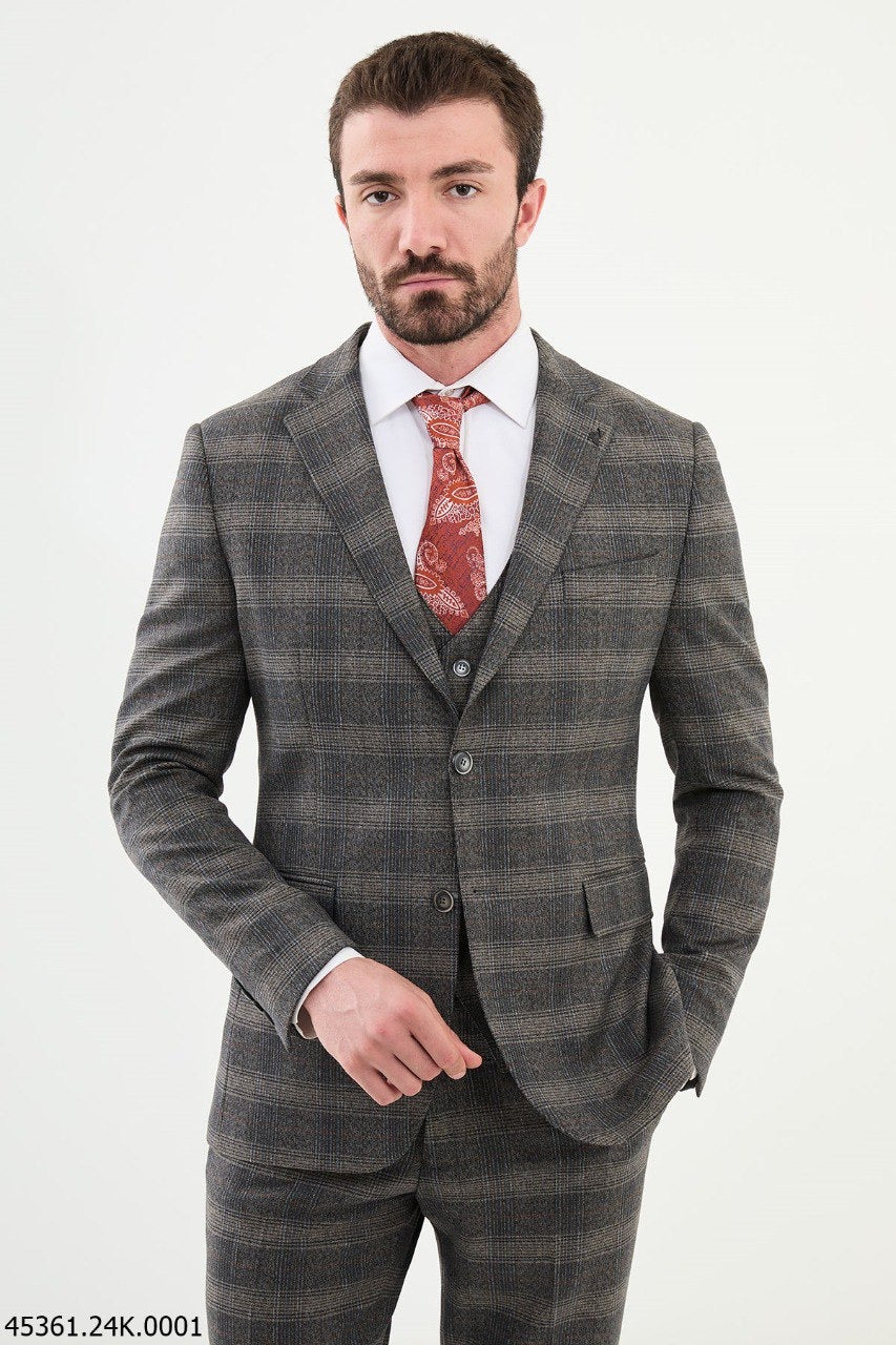 Brabion Diego Beige 3 Piece Glen Plaid Wool Suit for Modern Men brabion