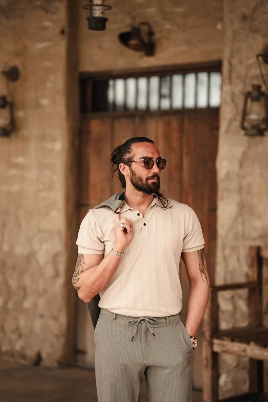 Desert Dune Beige Knitted Polo Shirt - BRABION