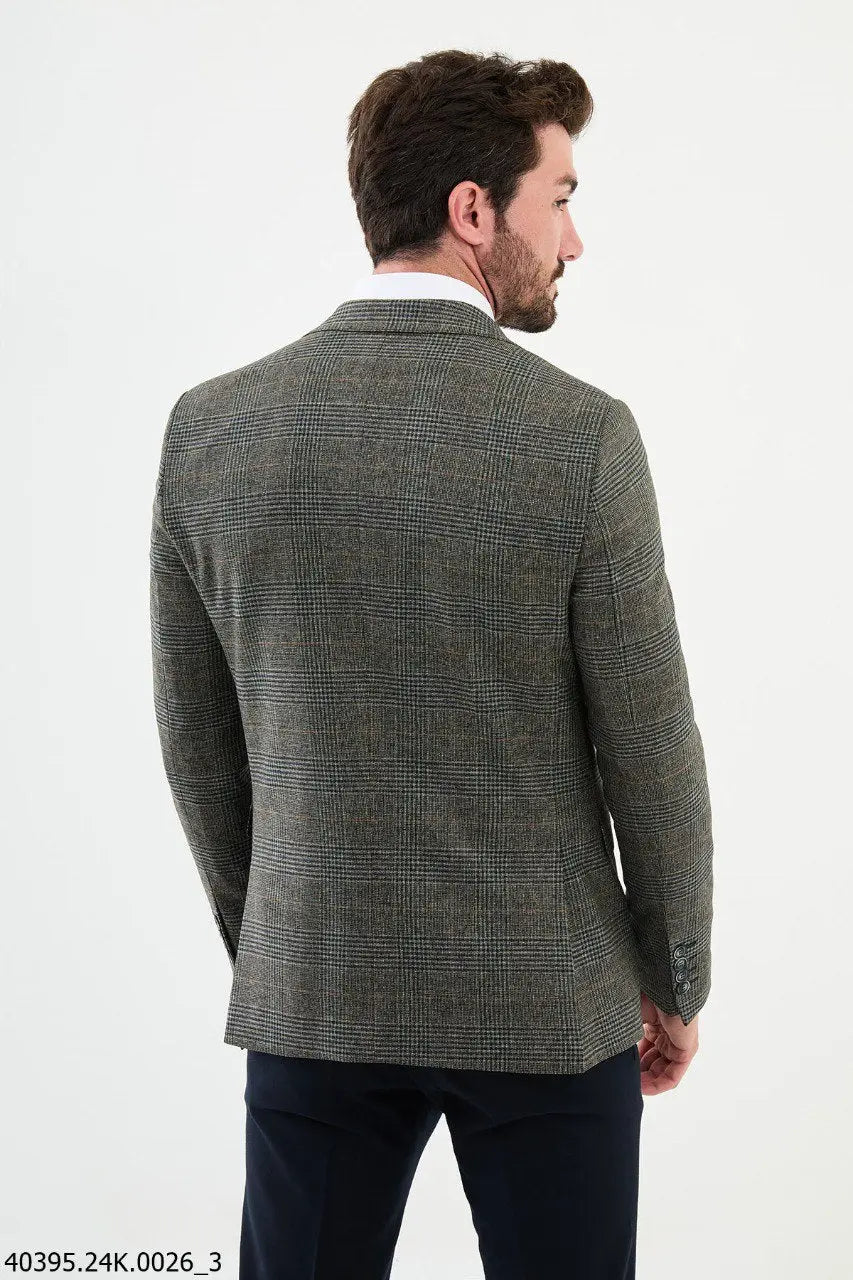 Brabion James Khaki Slim Fit Notch Lapel Check Plaid Blazer - BRABION