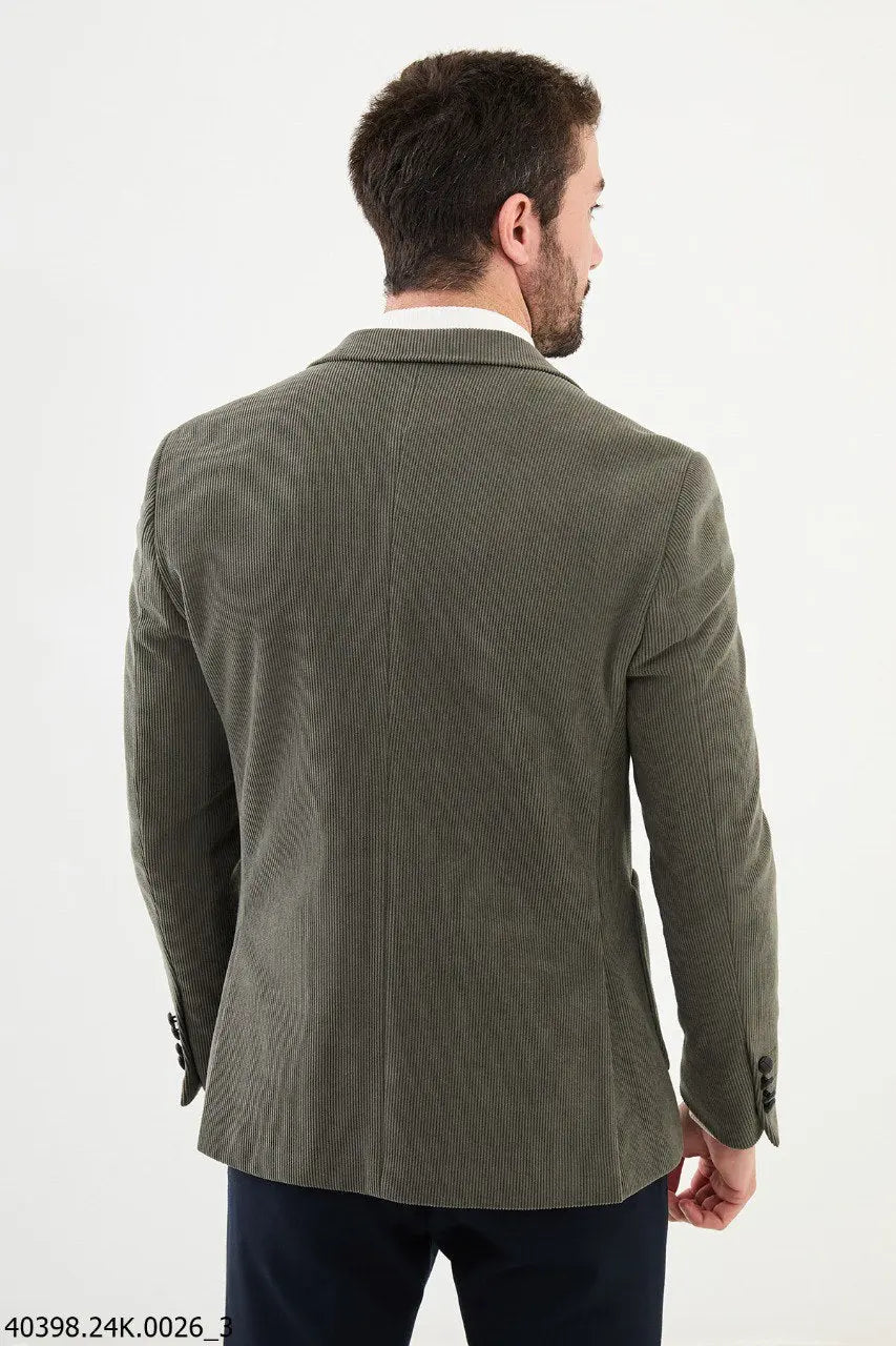 Brabion James Khaki Slim Fit Notch Lapel Striped Velvet Blazer - BRABION