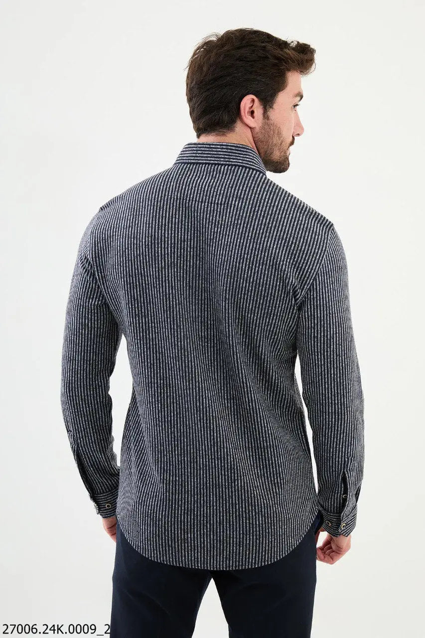 Brabion Nico Navy Blue Slim Fit Striped Wool Shirt - BRABION