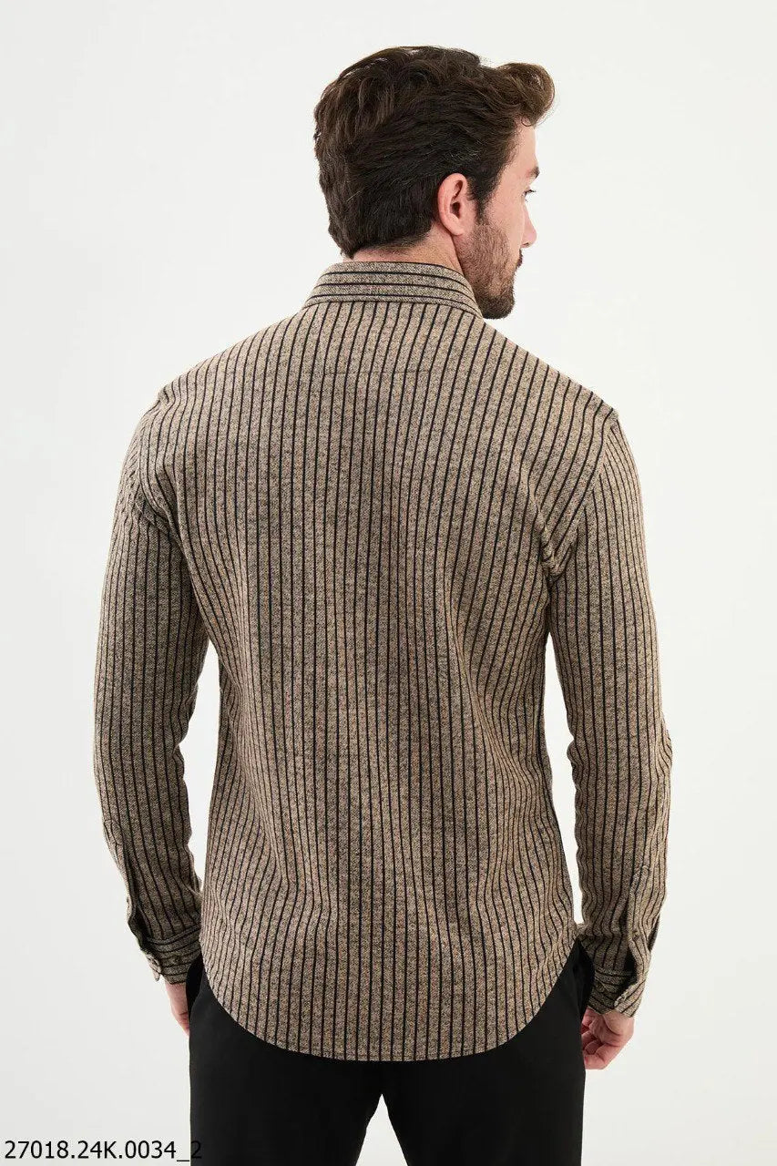 Brabion James Beige Slim Fit Chalk Stripe Wool Shirt - Versatile Elegance for Every Occasion - BRABION