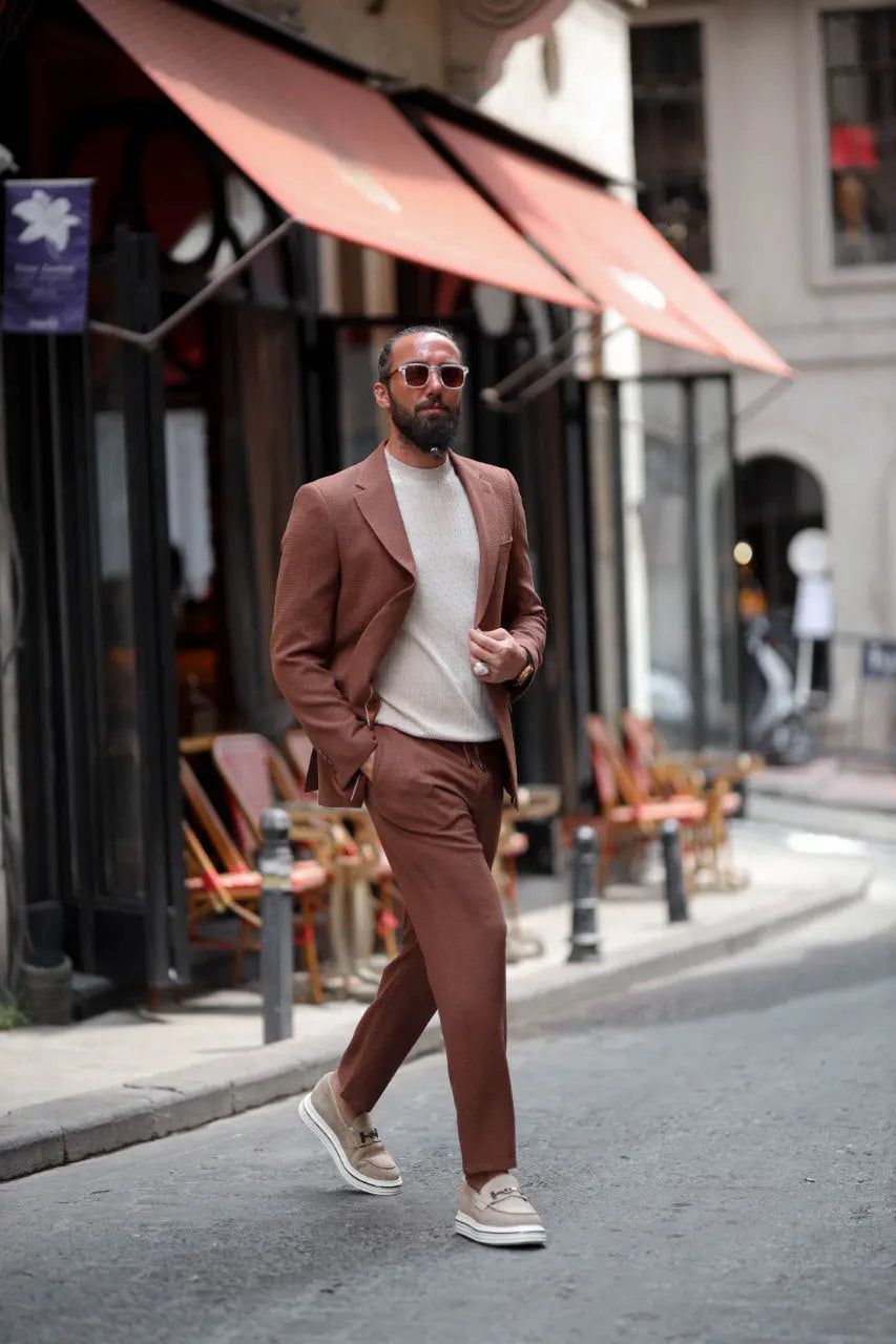 Marrakech Tile Brown Seersucker Sport-Cut Suit - BRABION