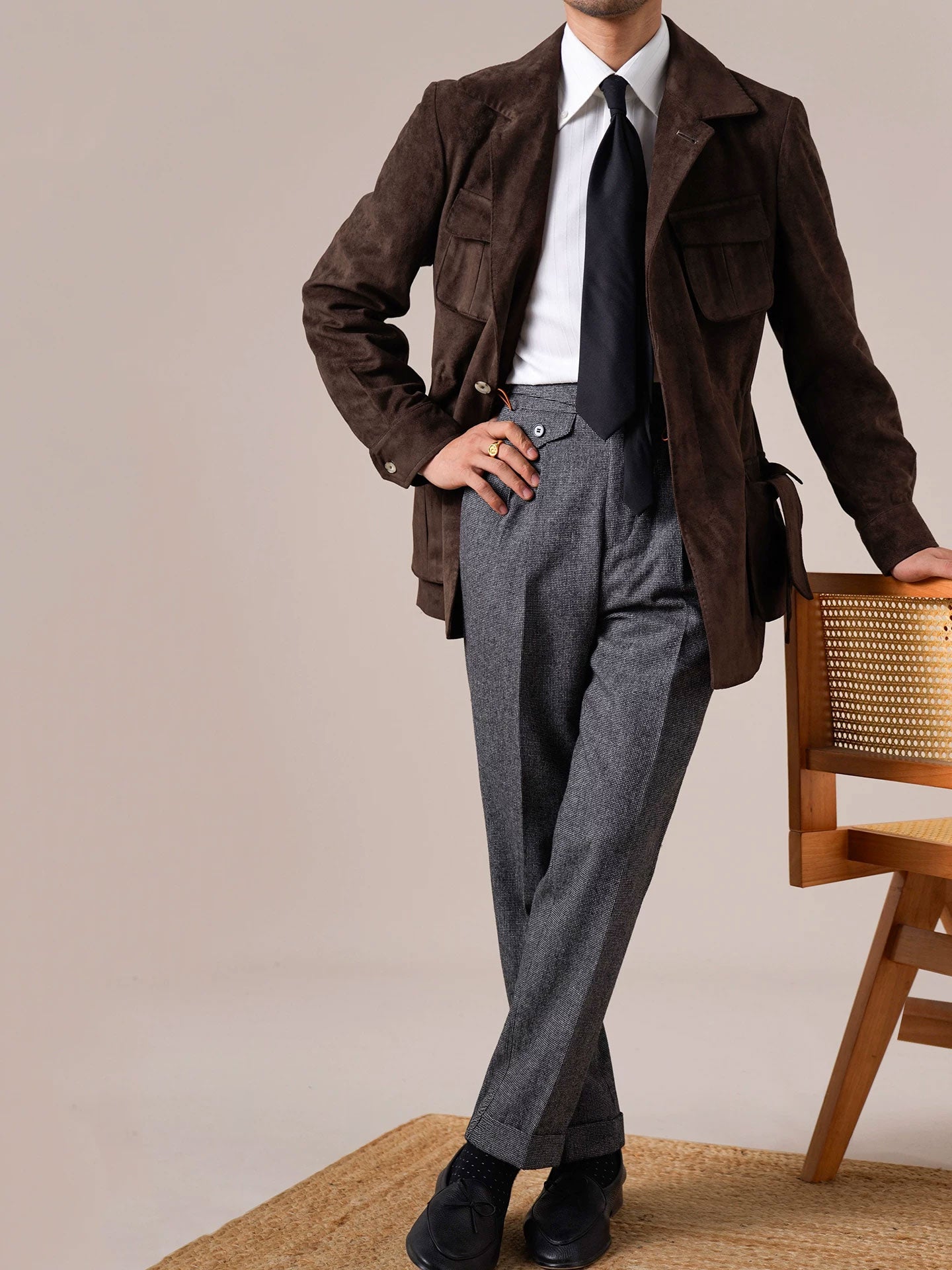 Men’s Suede Hunting Jacket — Slim Fit Belted Suit Collar Coat - BRABION