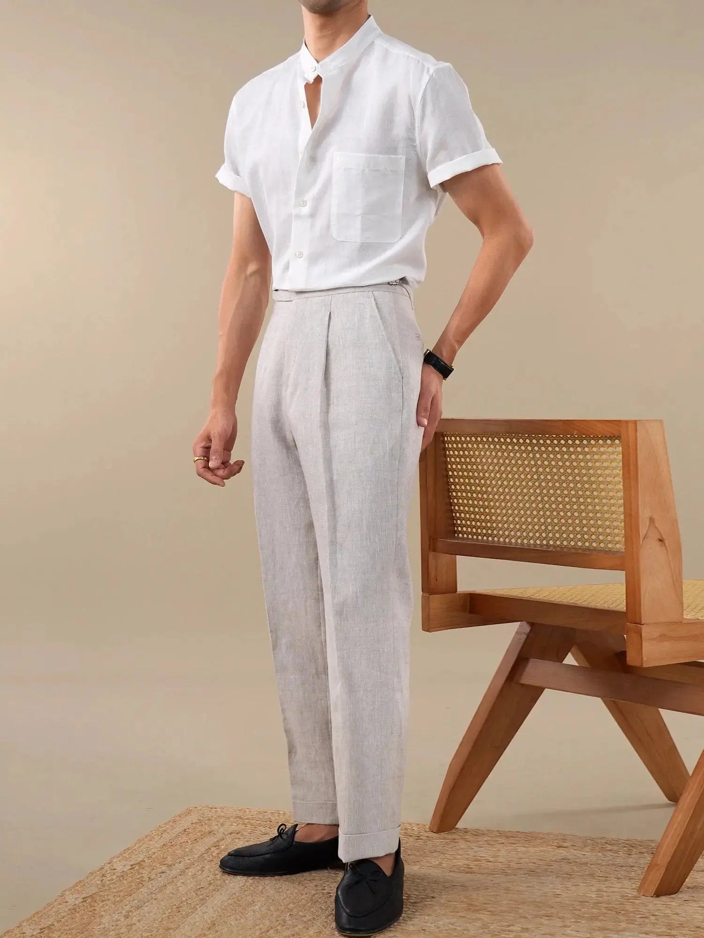 Band Collar Cotton-Linen Blend Short Sleeve Casual Shirt for Men BRABION