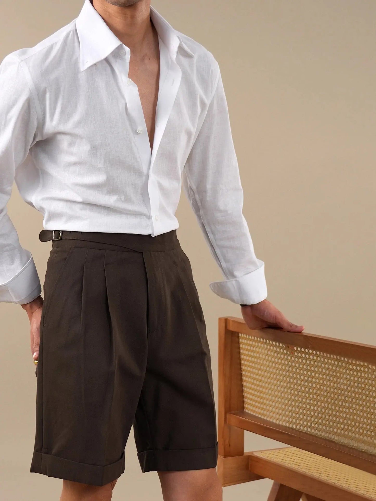 Vintage High-Waist Double-Pleat Straight-Leg Men's Shorts BRABION