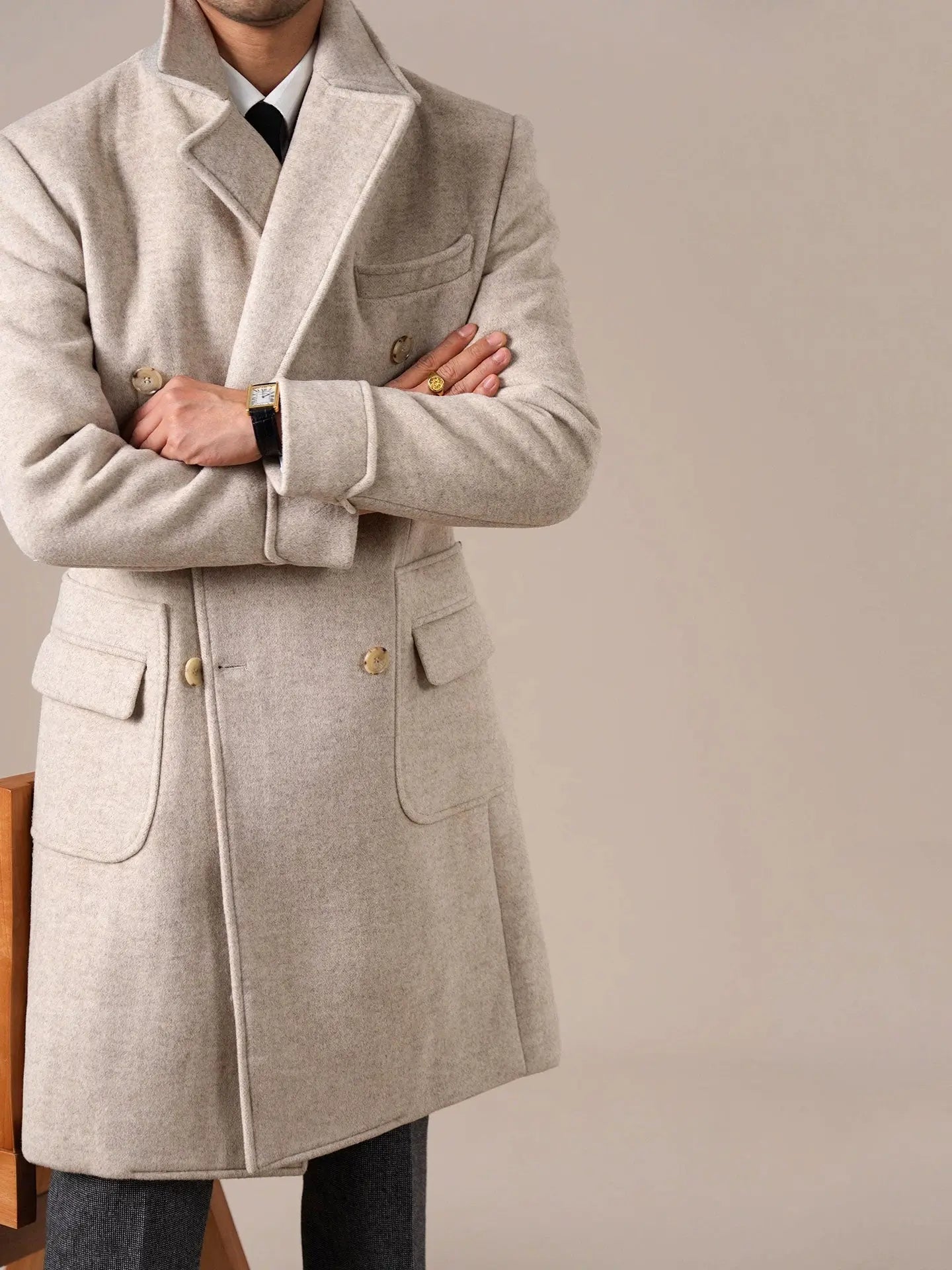 Mens Double-Breasted Ulster Collar Wool Coat - BRABION