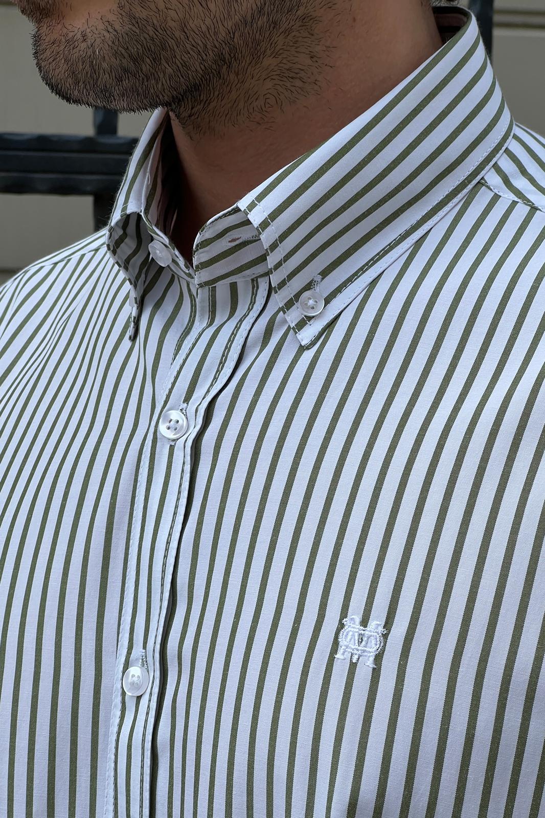 Brabion Daniel Striped White and Green Slim Fit Shirt