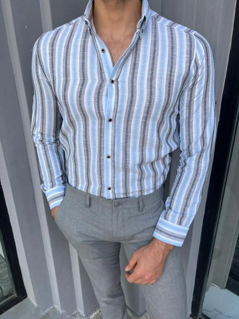 Brabion Lyon Blue Slim Fit Long Sleeve Striped Cotton Shirt - BRABION